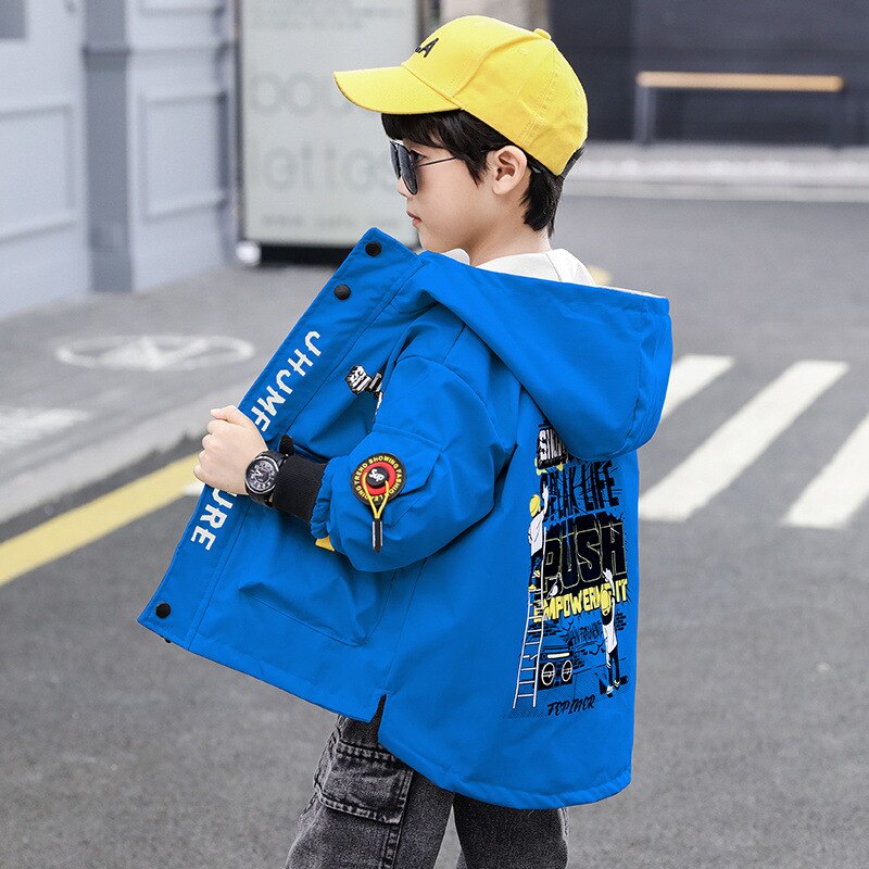 Chaqueta con capucha para niños y adolescentes, prendas de vestir a la , abrigos deportivos de lana, cortavientos, chaquetas de otoño: Azul / 150cm
