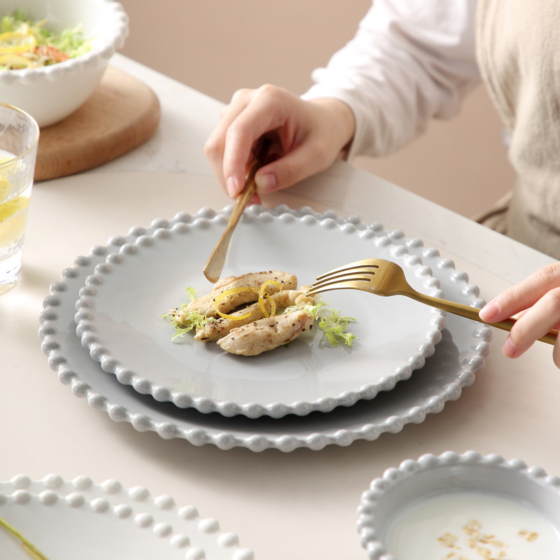 Nordic Pearl-Rim Plate Ceramics Dinnerware Set Steak Flat Tray Dessert Plate Salad Bowl Beaded Tableware Round Shape