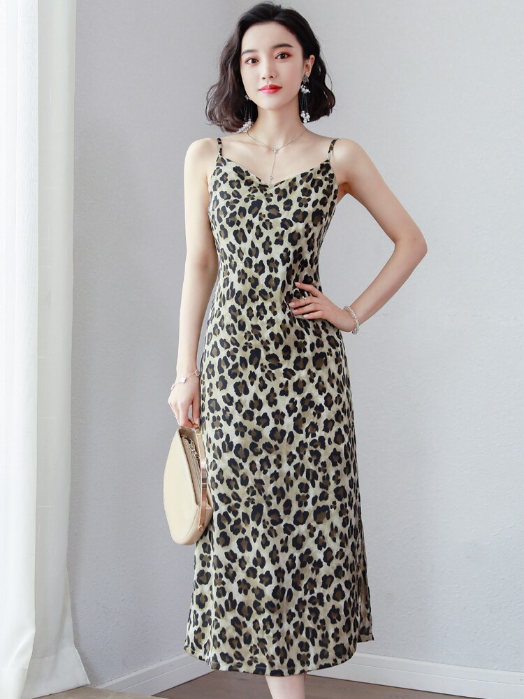 Vintage Leopard Print Side Folk Underdress Spaghtti Strap Women Full Slips Slim All-match V-neck Long Slips