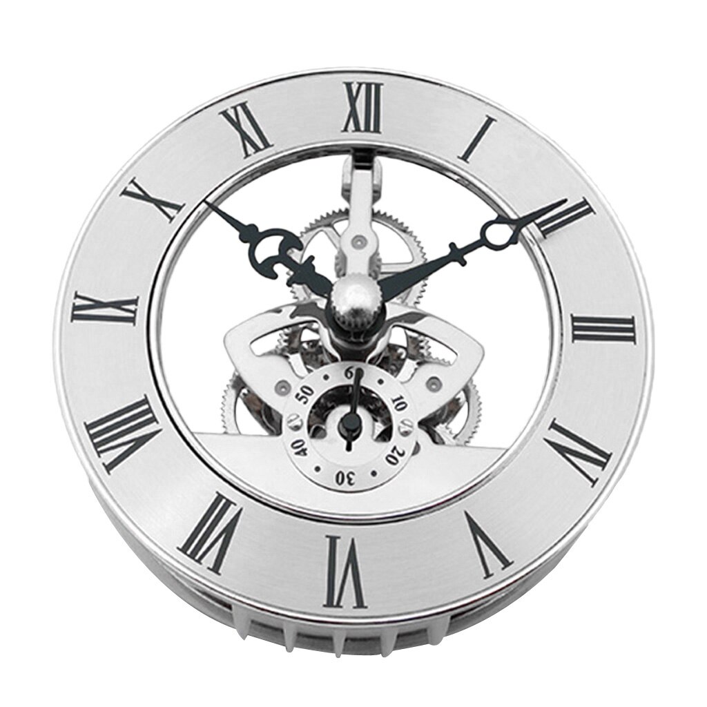 Quartz Skeleton Clock Movement Insert w/ Rotating Gears Black Roman Numerals: Silver