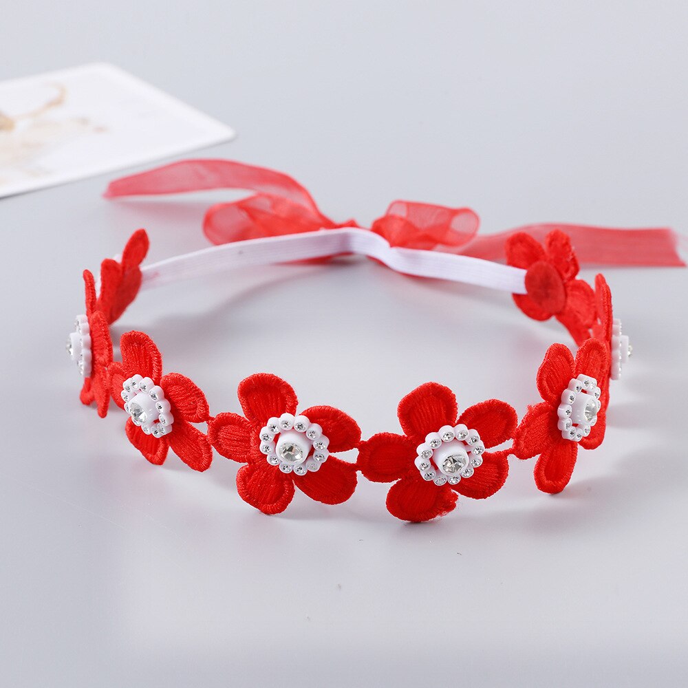 Diadema de encaje flor para niña, diadema elástica Floral suave con lazo, accesorios para el cabello, cinta para de cumpleaños y boda: Rojo
