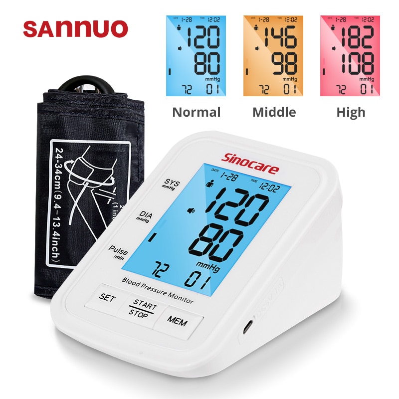 Sinocare Bloeddrukmeter Automatische Bp Machine Hartslagmeter Monitor Lange Manchet Digitale 3-Kleur Lcd Display