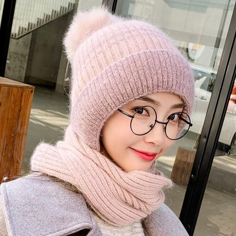 Vinter tykk pluss kashmir varm lue kvinneskjerf fuskepels pomponger vinter kvinners strikke lue ull hatt ski 2 sett