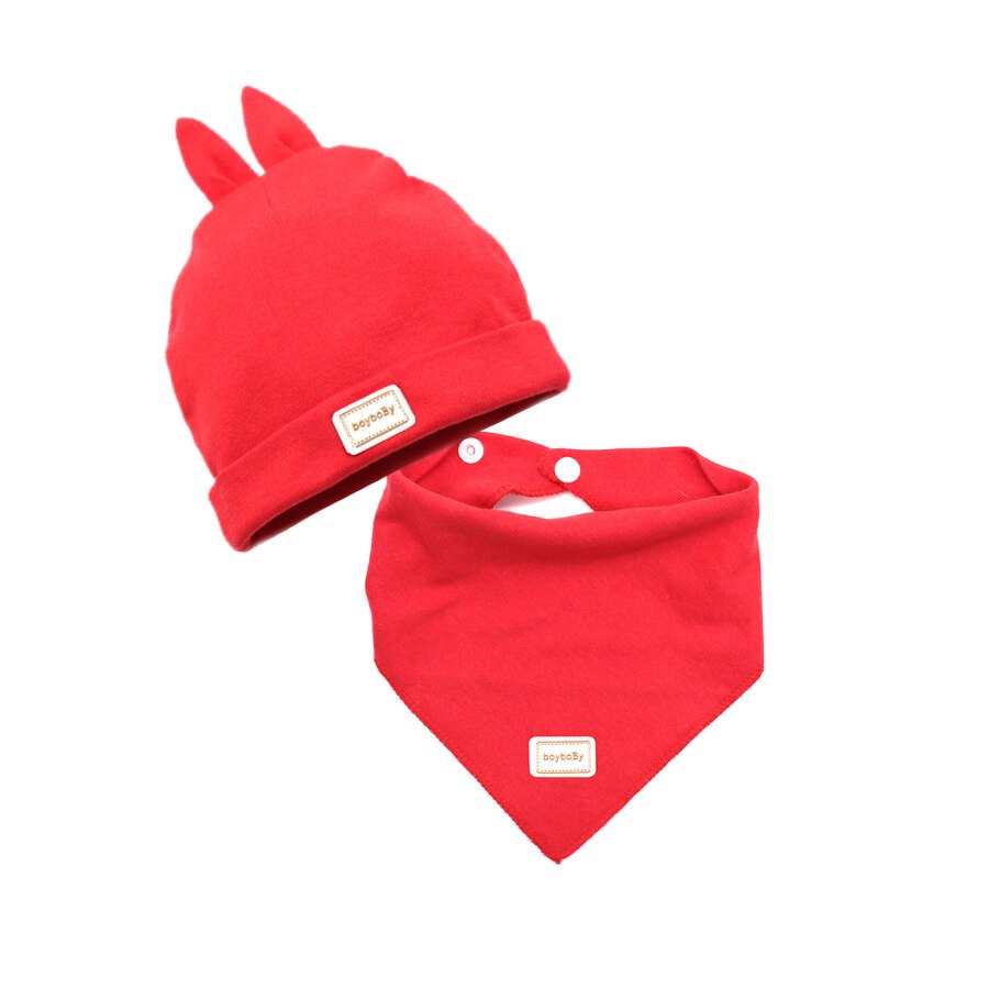 0-3Month Baby Hoed Slabbetjes Jongen Meisje Mutsen Leuke Pure Kleur Oren Motorkap Baby Hoeden Peuter Kids Katoen Kwijlen Handdoek Outdoor cap: Rabbit - Red