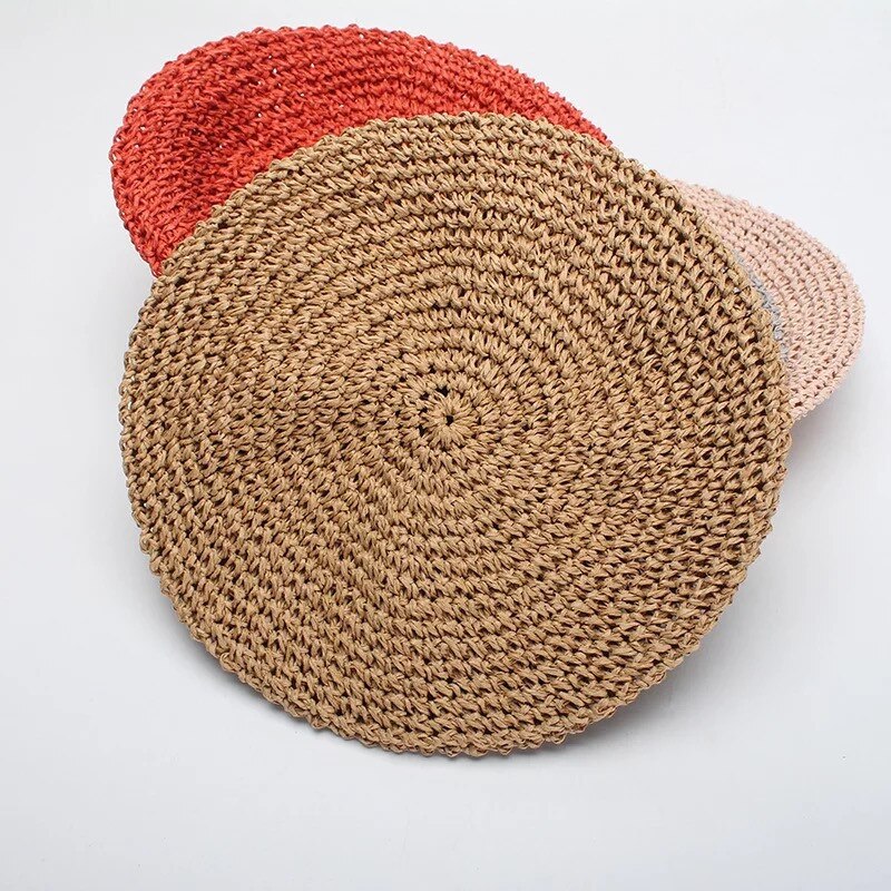 Originale håndkrog kvinder papyrus beret hatte damer flad halm solid kasket forår efterår