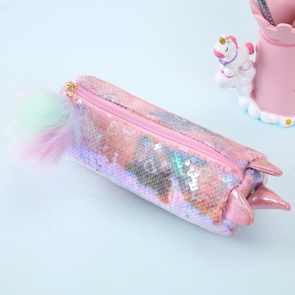 Reversible Sequin Cute Unicorn Pencil Case for Girls; Bling Bling Glitter Pink Stationery Bag ; Pensel Beg Alat Tulis: Pink