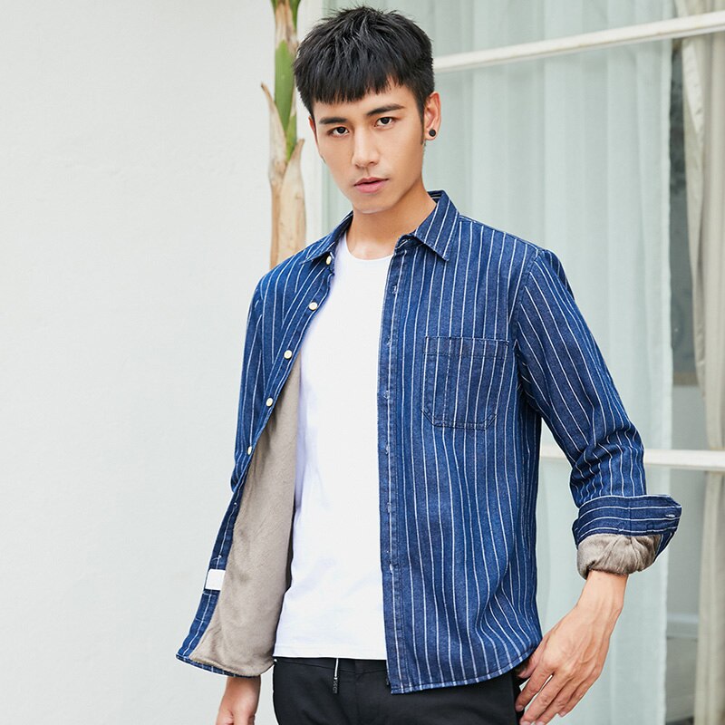 Brand Winter Denim Striped Shirt 100% Cotton Long Sleeves Casual Simple Comfortable Warm Bottoming Shirt