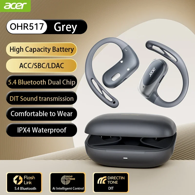 Auricolari acer ows open-ear ganci auricolari wireless bluetooth 5.4 cuffie auricolari ad alta risoluzione bass boost auricolari sportivi 48 ore ohr -517: Grigio