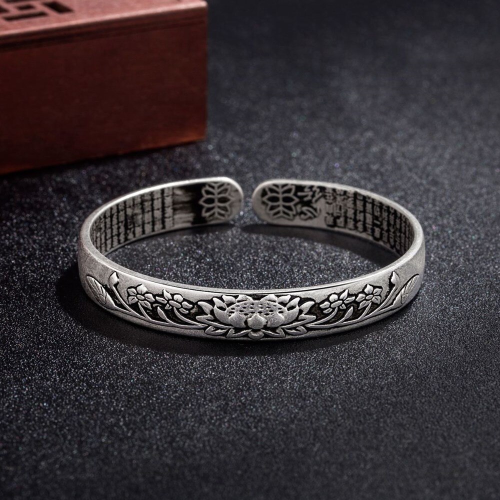 NEHZY S925 Stamp silver women jewelry black lotus lotus Thai silver retro simple open bracelet