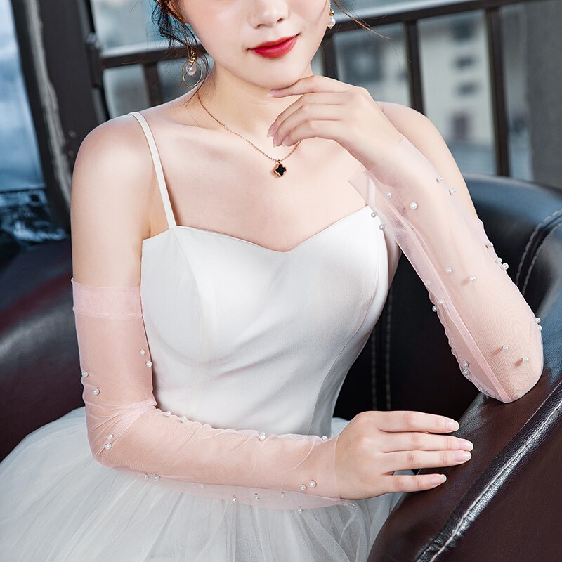 Women Elbow Long Fingerless Wedding Gloves For Bride Pearls Beaded Evening Party Accessories: Pink
