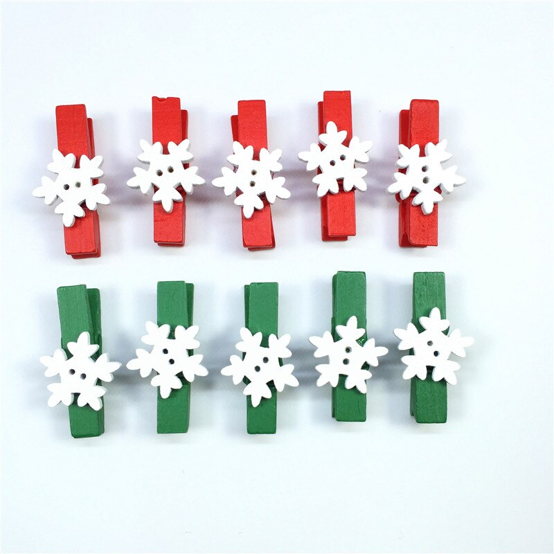 10Pc 3.5*0.7Cm Witte Sneeuw Hout Applique Clip Rood Groen Clip + Witte Bloem Kerst Decoratie wasknijper