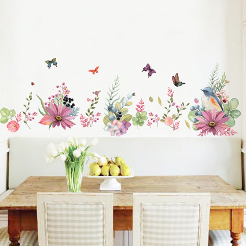 Pegatinas para la pared de hermosas flores, pájaros, mariposas, calcomanías de decoración para el dormitorio cálido, pegatinas de decoración para el hogar