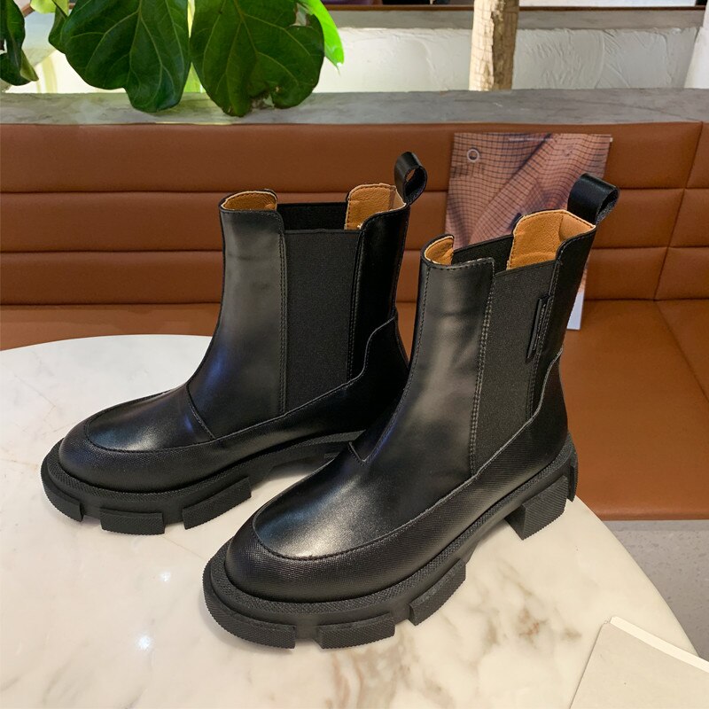 Kvinder chelsea støvler tyk sål platform korte støvletter slip-on motorcykel støvler sort hvid efterår sko botas mujer: Sort / 39