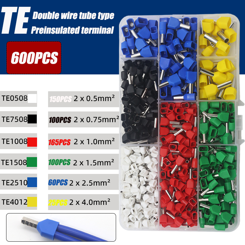 130/380/600 pièces TE type de tube à double fil terminal pré-isolé type de broche européenne terminal pressé à froid type de broche extrémité de tube en cuivre: Bleu