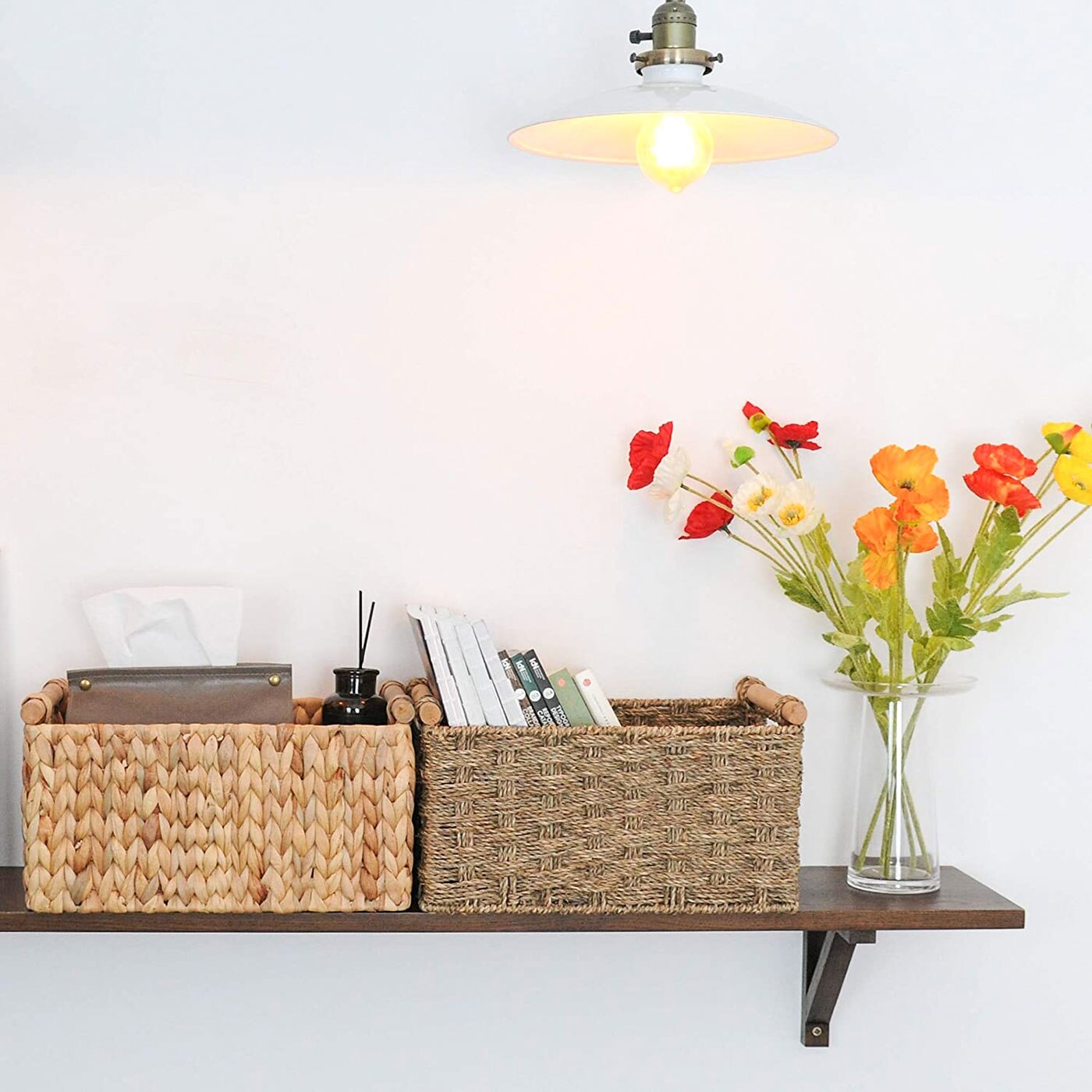 Bathroom Accessories Organizer Storage Baskets Water Hyacinth Cosmetic Makeup Wicker Wooden Handles Hand-Woven Kitchen Organizer