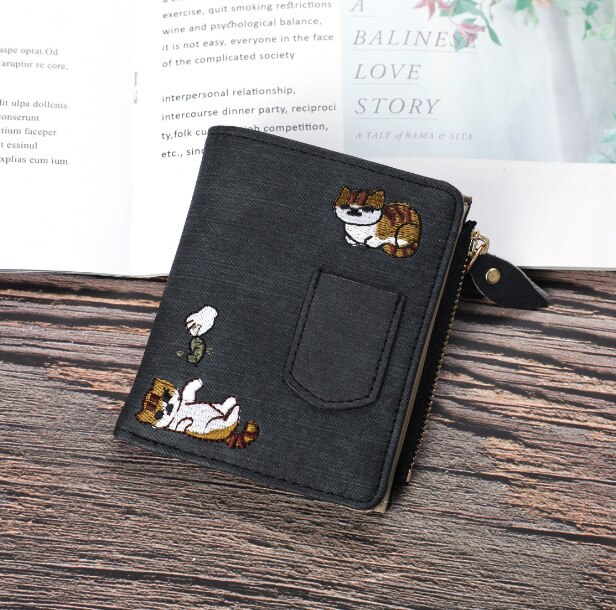 Jeans Stijl Portemonnee Kat Geborduurde Canvas Patroon Grote Capaciteit Gesp Houdt Mobiele Telefoon Pocket Decoratieve Vrouwen Tas: black