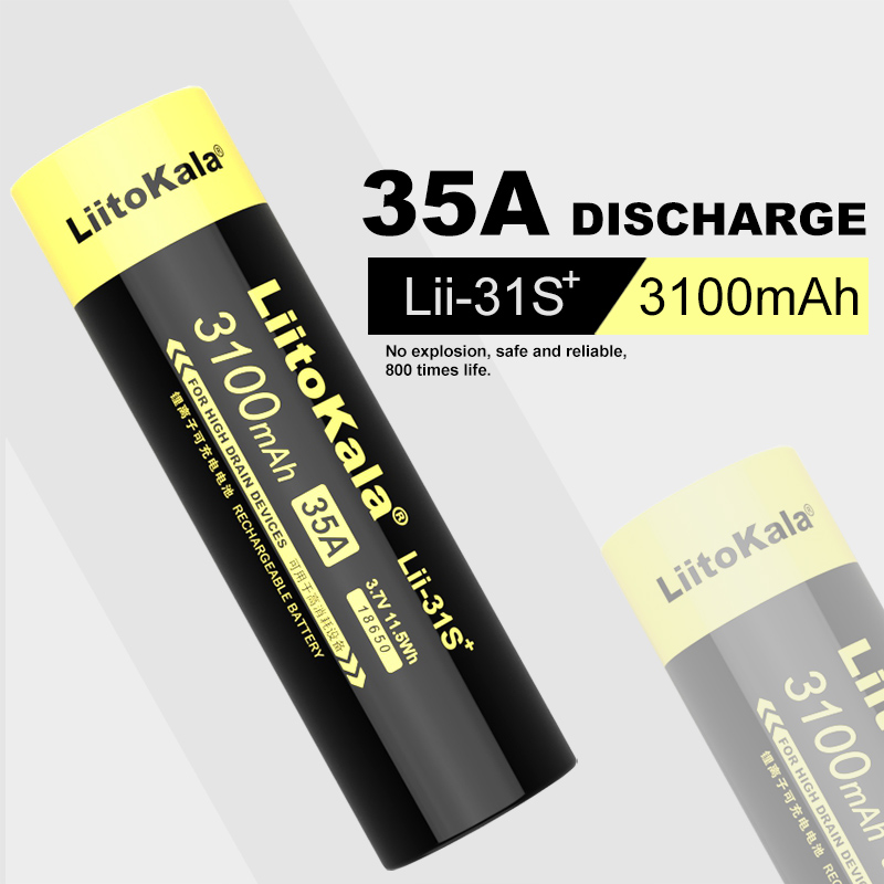 LiitoKala Lii-31S 18650 Bateria 3.7V Li-ion 3100mA 35A Bateria de alimentação para dispositivos de alto drenagem.