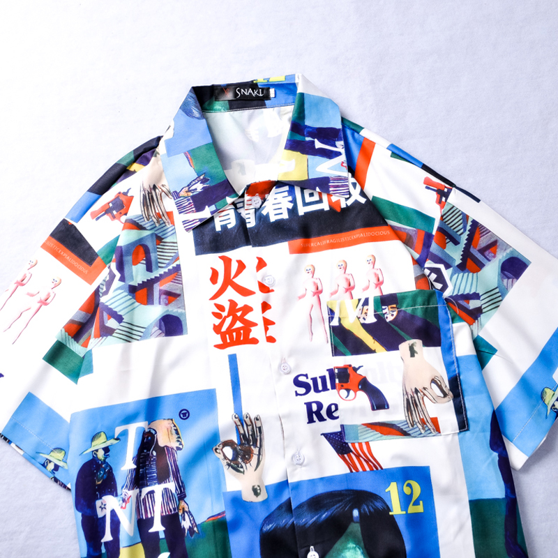 Oscn 7 skjorter med print til mænd street kortærmet sommer strand herre skjorte løs afslappet korea chemise homme 661