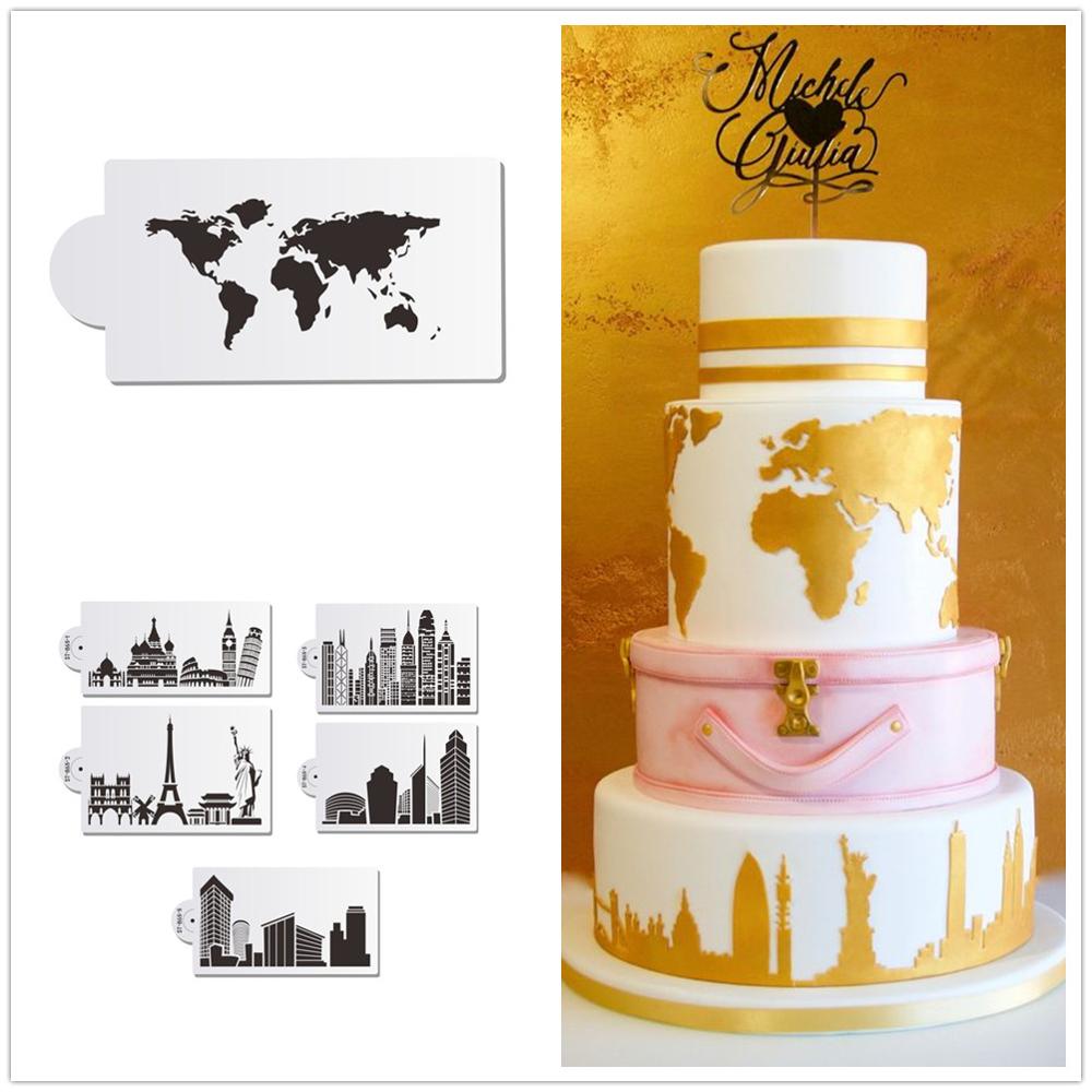 Weltkarte und Wahrzeichen Gebäude Kuchen Schablone Neueste Kuchen Schablone Fondant Formen Kunst Schablone Kuchen Dekorieren Werkzeug Backformen