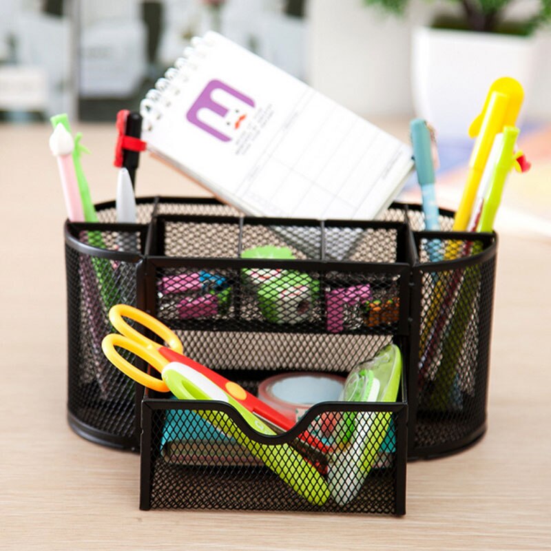 Metall mesh desktop kontor organisator penn blyantholder studie oppbevaring pennholder multi funksjon: Svart