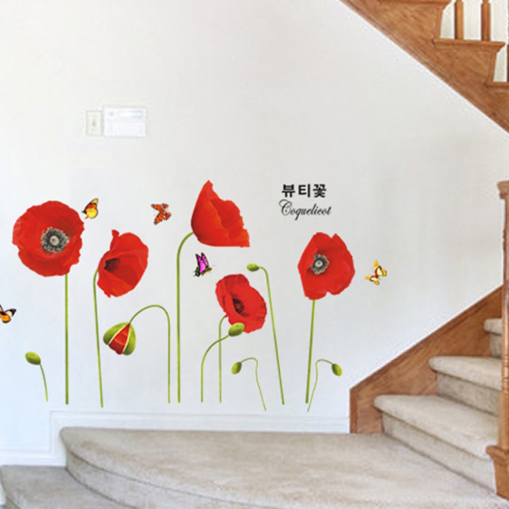Diy Rode Papaver Bloem Vlinder Muurstickers Woonkamer Slaapkamer Wall Art Home Decor Decals Achtergrond Muurschildering
