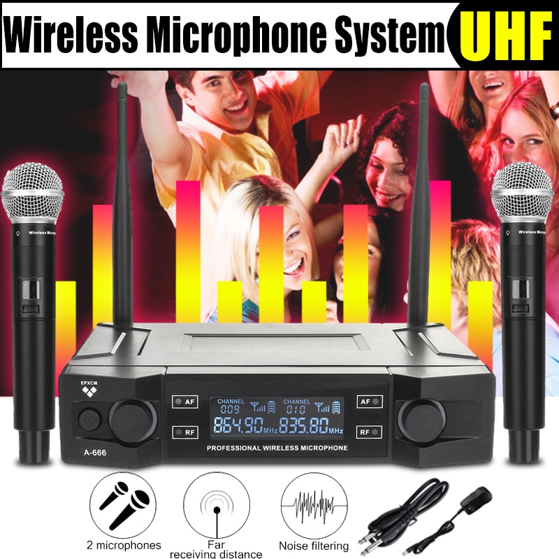 2 Channel UHF Wireless Microphone System 2 Cordless Handheld Mic Kraoke Speech Party supplies Cardioid Microphone