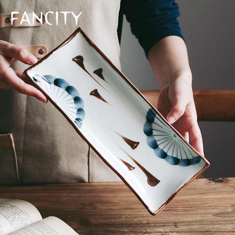 Fancity Retro Handgeschilderde Keramische Sushi Plaat, Rechthoekige Plaat, Japanse Plaat, Dessertbord, huishoudelijke Vis Plaat