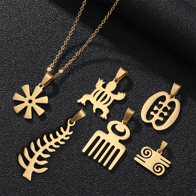 African Traditional Symbol Pendant Necklaces for Stainless Steel Gold/Steel Color Africa Adinkra Gye Nyame Ethnic Jewelry