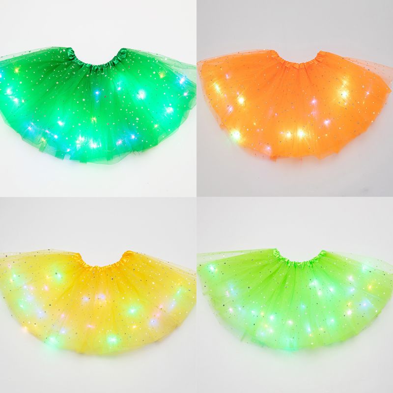 Falda con lentejuelas y estrellas brillantes para niñas, tutú de baile y Ballet con luces LED, Vestido corto de tul en capas de colores neón para escenario y