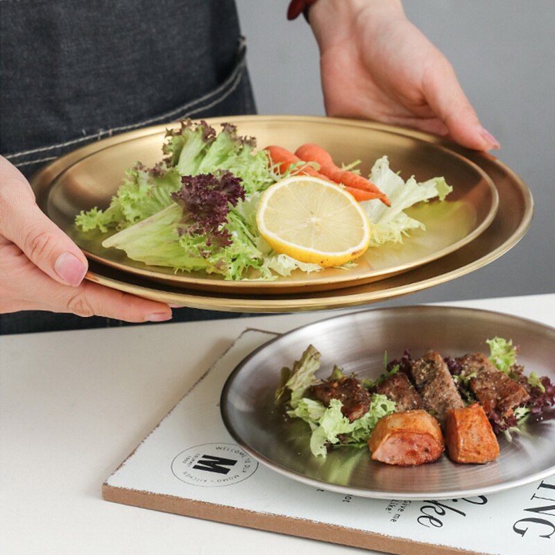 Gold Essen Platte Schüsseln Europäischen Stil Abendessen Platten Runde Platte Kuchen Tablett Westlichen Steak Runde Tablett Küche Geschirr #
