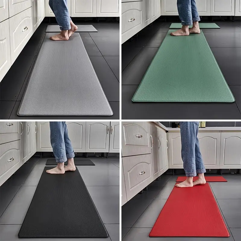 Alfombra larga para suelo de cocina, vinilo de PVC de 8 mm de grosor, impermeable, a prueba de aceite, antideslizante, antifatiga, textura de cuero, negro, gris