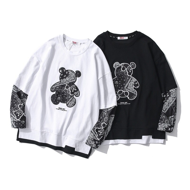 Tide Brand Cashew Flower Bear Japanese Full Sleeved T-Shirt for Men and Women Style Casual Long-Sleeved Couple Tees