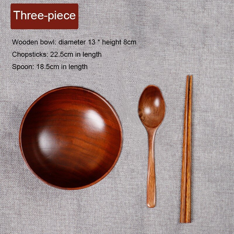 Natural Wooden Bowl with chopstick Spoon Salad Bowl Rice Fruit Bowl Food Container Kitchen Utensil Kids Children Snack Bowl: Bowl Set