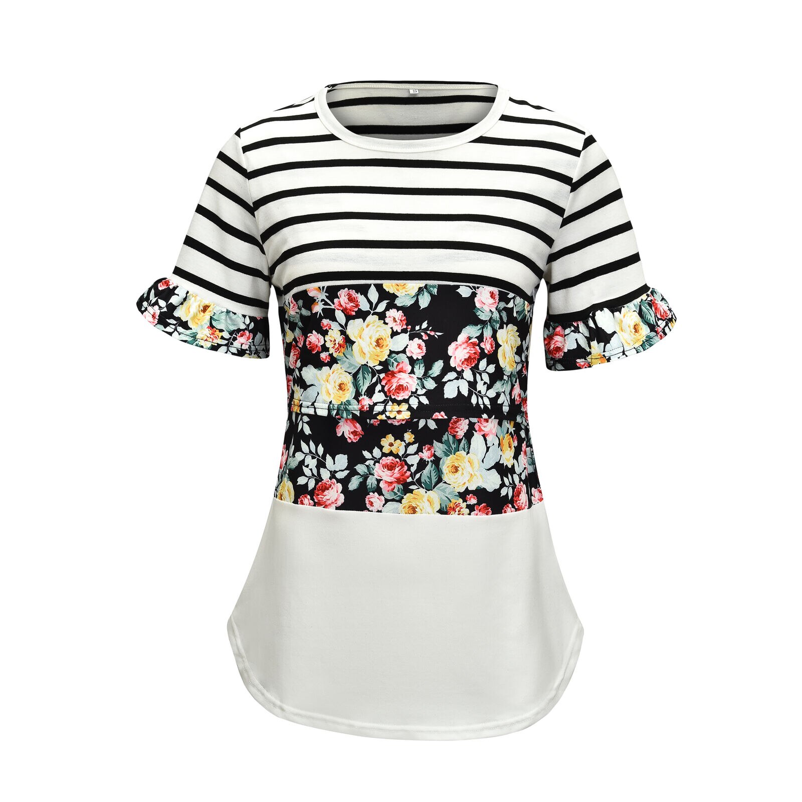 Kortærmede t-shirts til gravide med stribede blomstrede ammeoverdele: Hvid sort / Xxl