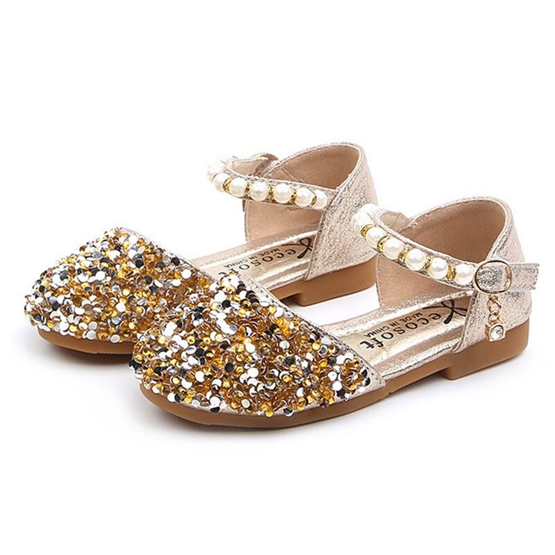 2022 Kids Meisjes Sequin Schoenen Zomer Leuke Parel Prinses Solid Lace Dans Enkele Casual Schoen Kinderen Bruiloft Schoenen: Goud / 15cm