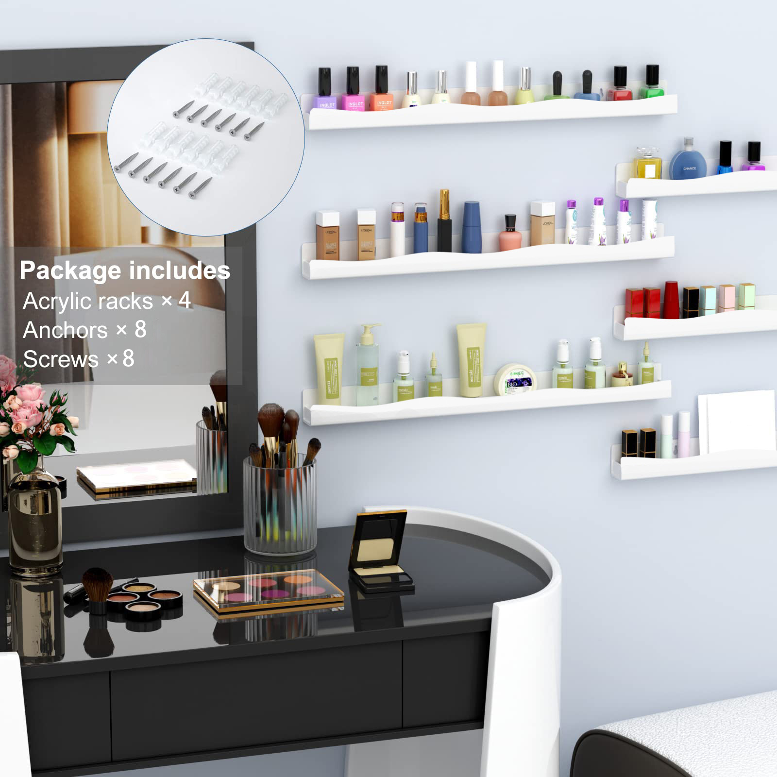 Nagellack-Wandregal: 4 verwöhnen, 15 Zoll, weißer Acryl-Nagellack-Organizer für 48-66 Flaschen, Mehrzweck-Acryl-Regal.
