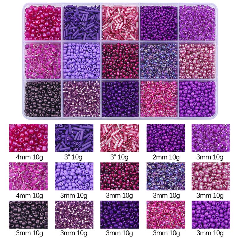 Juego de cuentas de vidrio de 15 colores para hacer pulseras, cuentas espaciadoras sueltas con caja de almacenamiento, Kit de tubos para manualidades, dijes de collares: plum