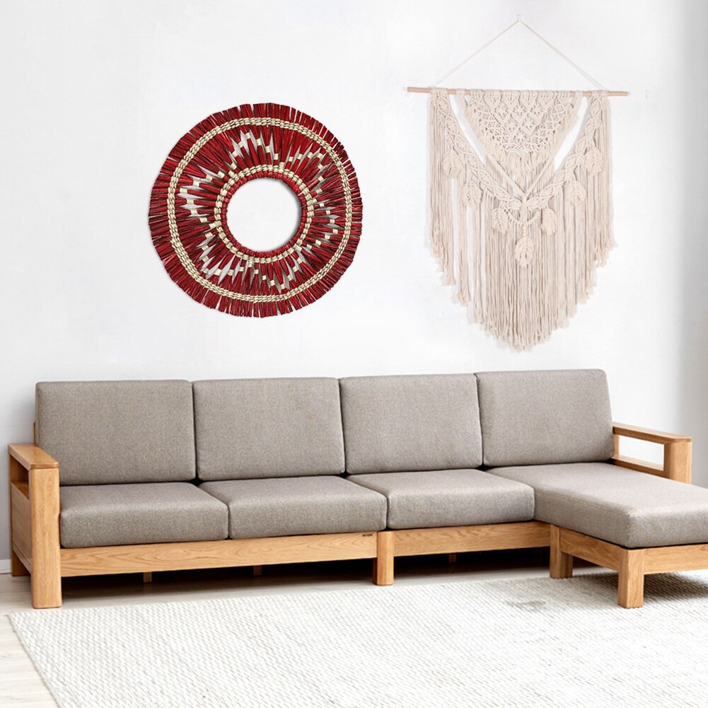 Miroir mural rond en rotin tissé, autocollant de maquillage, décoration de salon, chambre à coucher, fait à la main