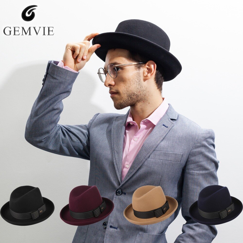 GEMVIE-chapeau Homburg Fedoras pour hommes et femmes, chapeau Gentleman, Style européen rétro, à bord incurvé, couleur unie, en feutre 100% laine