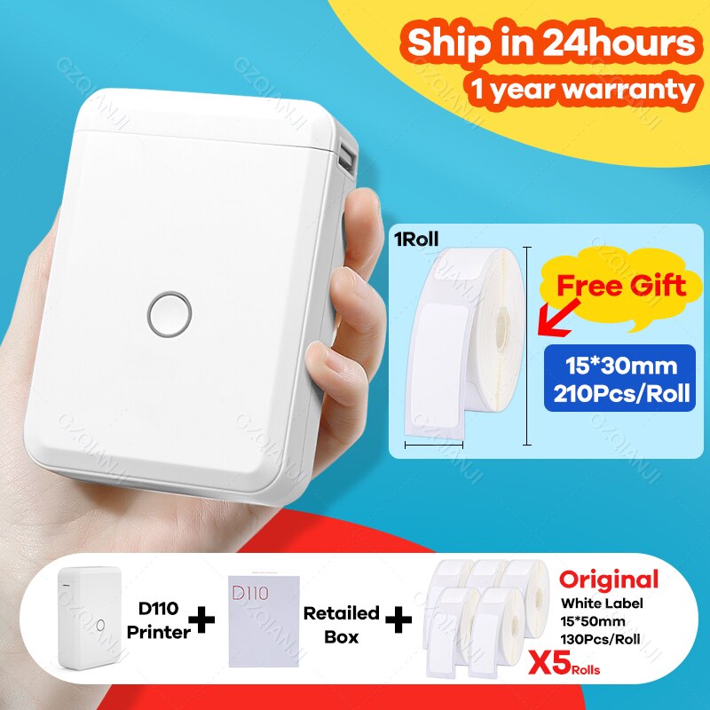 Niimbot D110 Wireless Bluetooth Thermal Label Printer Portable Pocket Label Maker for Android iPhone Home Office Sticker Printer: D110 add 6White B
