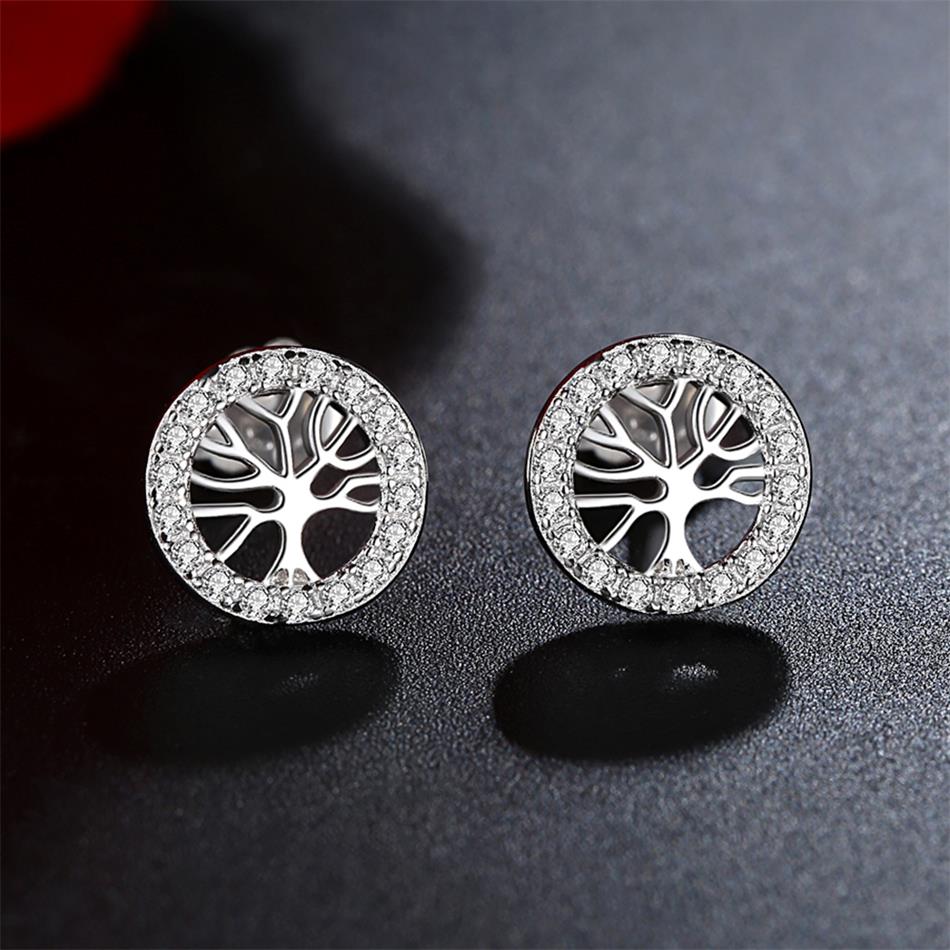 Luxury 925 Sterling Silver Stud Earrings with Rhinestone Circle Tree of Life Earrings for Women Birthday Jewelry silver earrings