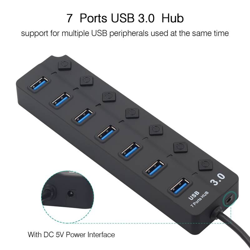 Usb-hub 3.0 5 gbps hoge snelheid 7- poorts usb 3.0- hub splitter aan/uit-schakelaar voor laptop-pc met eu-stekker