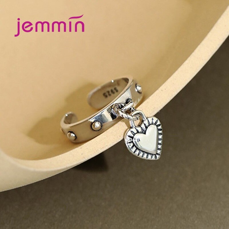 Trendy 925 Sterling Silver Heart Shape Pendant Open Finger Rings For Women Fine Jewelry Birthday Adjustable Size