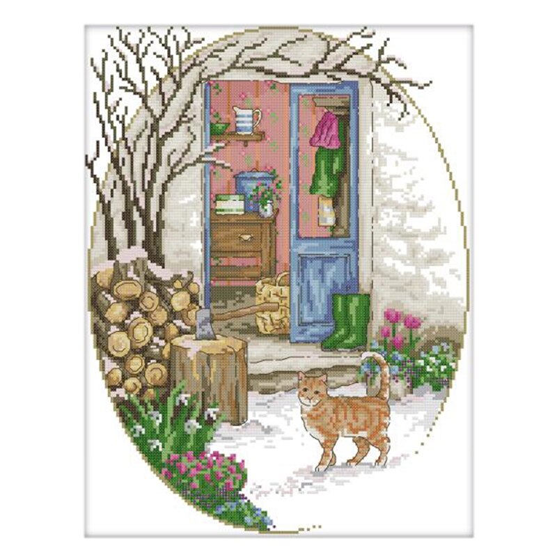Cross Stitch Stamped Kits 14CT Printed Embroidery Cloth Needlepoint Kits Easy Patterns for Cat in Front of the Door: Default Title