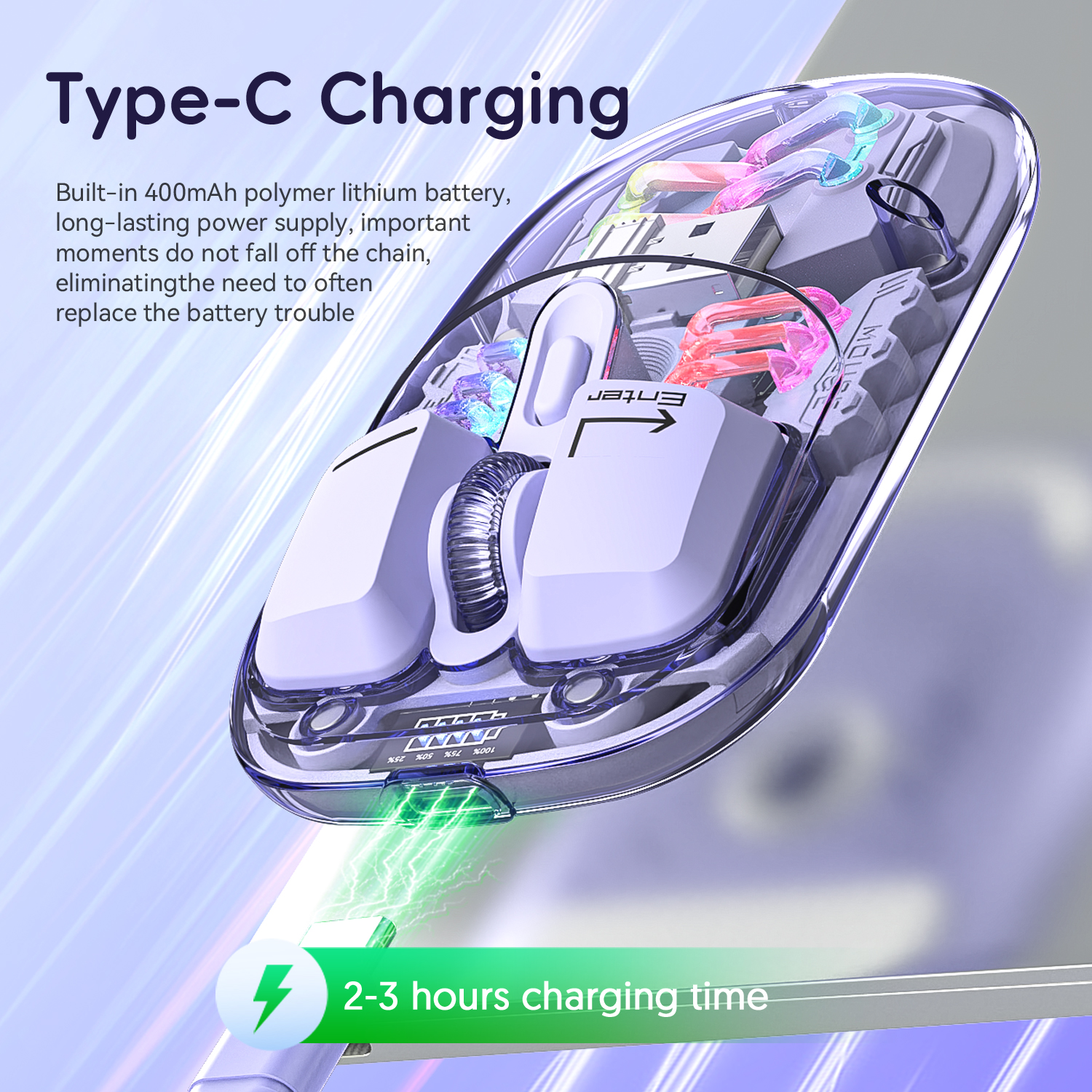 T200 Transparent Dual-mode Wireless Mouse Built-in 400mAh Lithium RGB backlight Battery Office Mouse For PC and eed Notebook