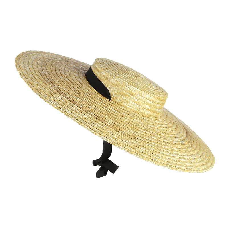 Chapeau de canotier à large bord pour femme, chapeau de paille à bord plat pour femme, chapeau de soleil d'été avec ruban blanc et noir, casquette de plage, 12cm, 15cm, 18cm