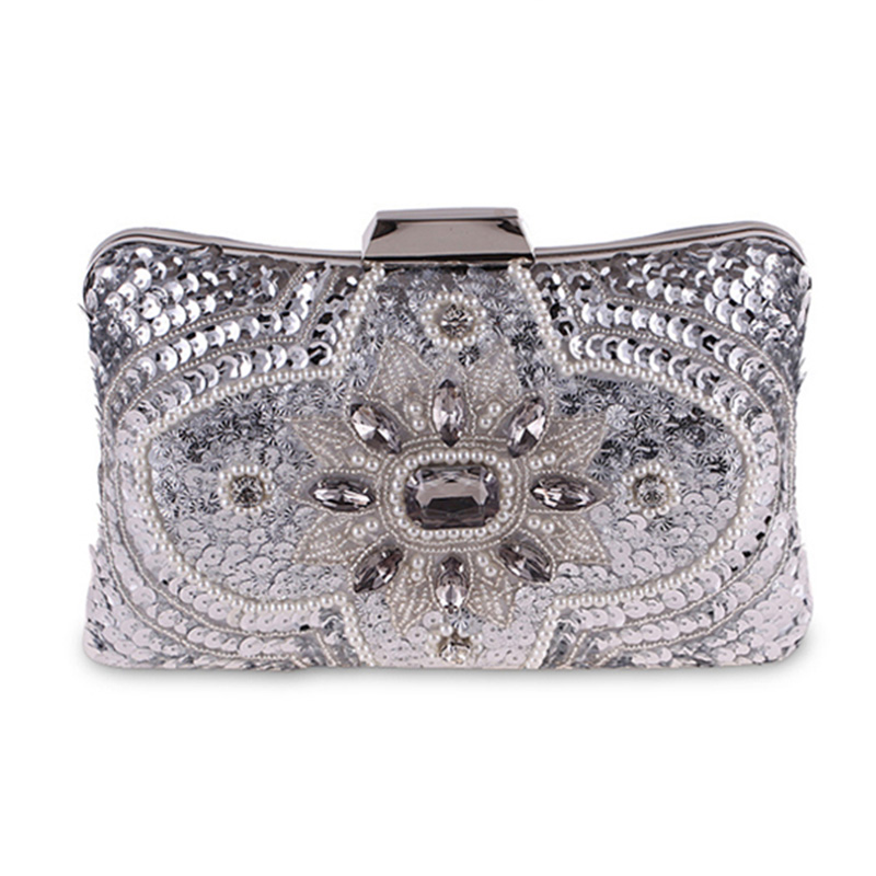 Silver Clutch Purse Glitter Vrouwen Kralen Clutch Avondtassen Met Kettingen Handtas Wedding Party Bag Banket Pochette Femme W611: Design B Sliver