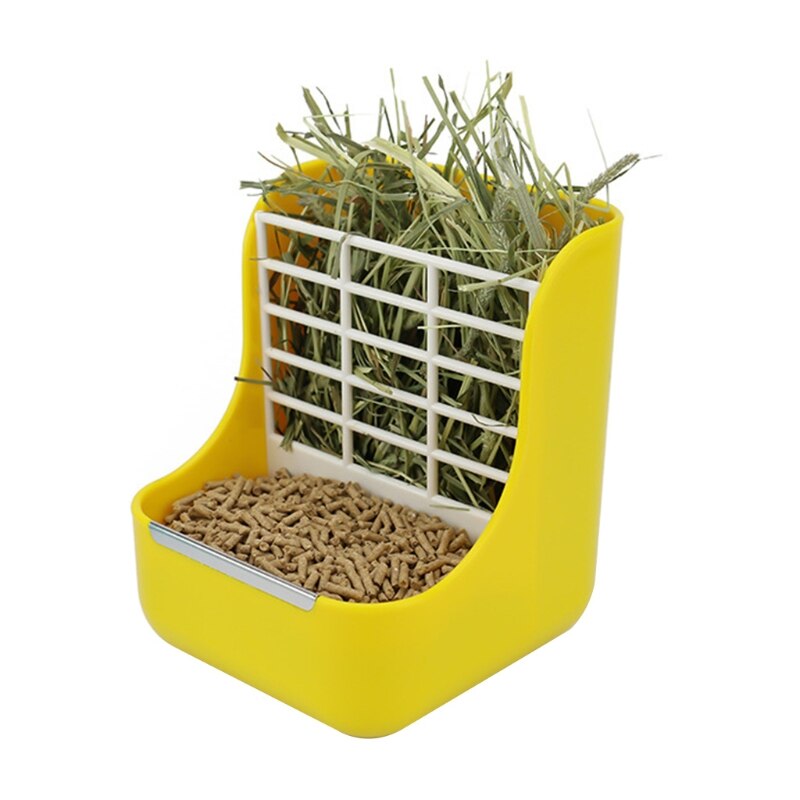 Alimentador de heno 2 en 1 para conejillo de indias, comedero de comida para Conejo, cuencos de alimentación, estante de pesebre para animales pequeños, accesorios de jaula: Yellow