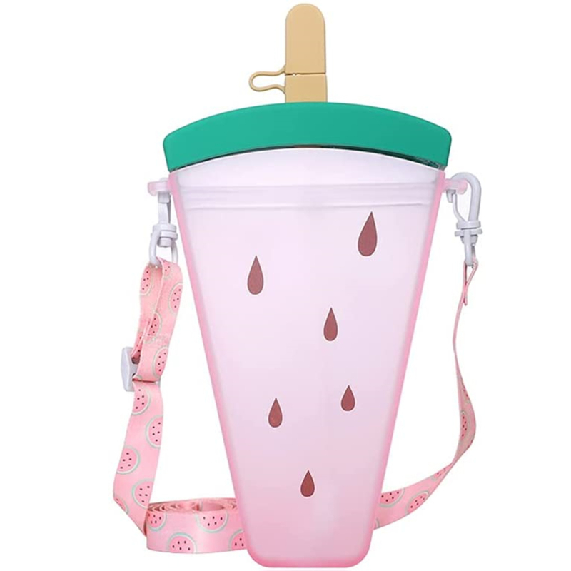 Plastic Water Bottles Cute Watermelon Ice Cream Water Bottle With Straw Bottle Anti-fall Portable Popsicle Cup Kids Water: Red watermelon