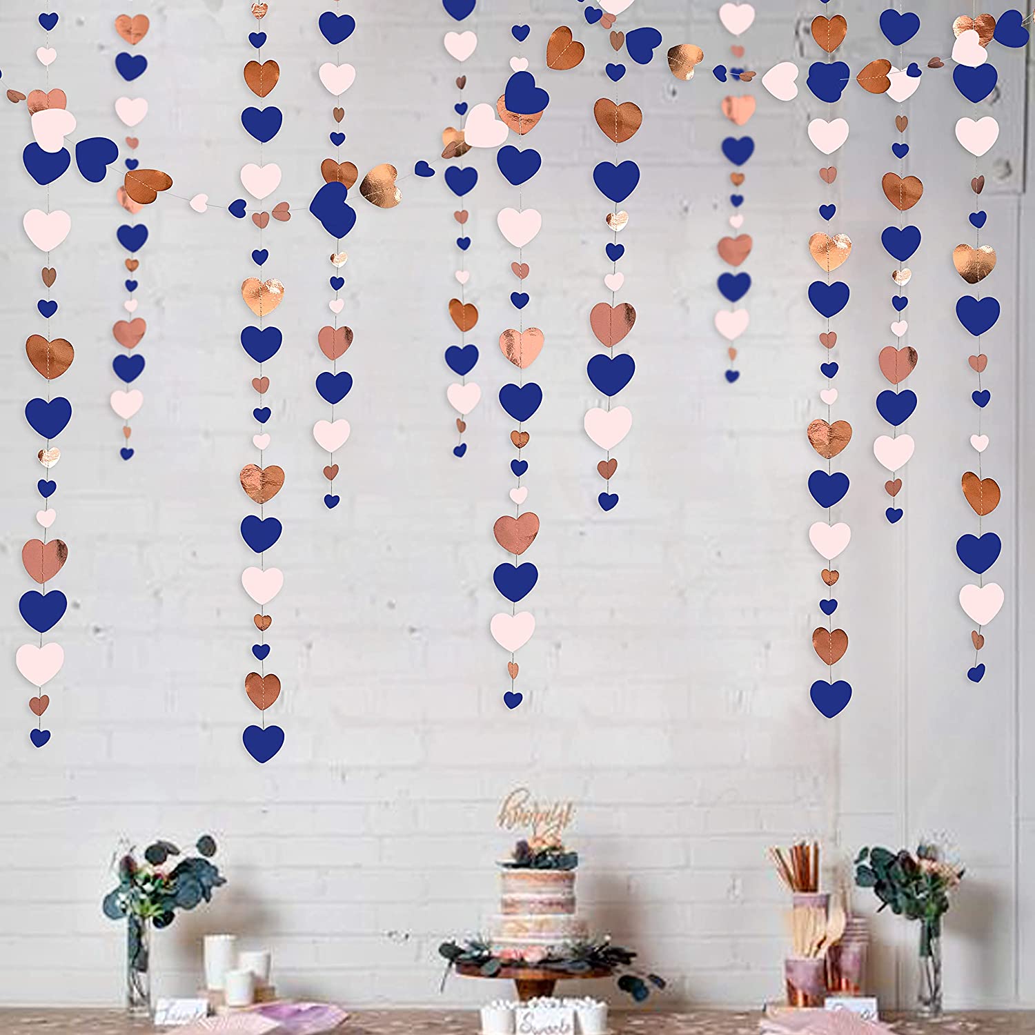 13Ft Navy Blue Pink Rose Gold Wedding Decor Love Heart Garland Hanging Streamer for Royal Engagement Bridal Shower Anniversary